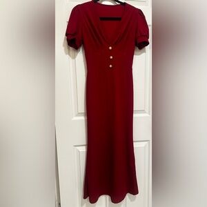 Long Red Dress With Sewn On Pearls and Puffed Sleeves